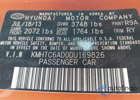 2013 Hyundai Veloster Base W/Black z USA, uszkodzony, nr VIN KMHTC6AD0DU169826